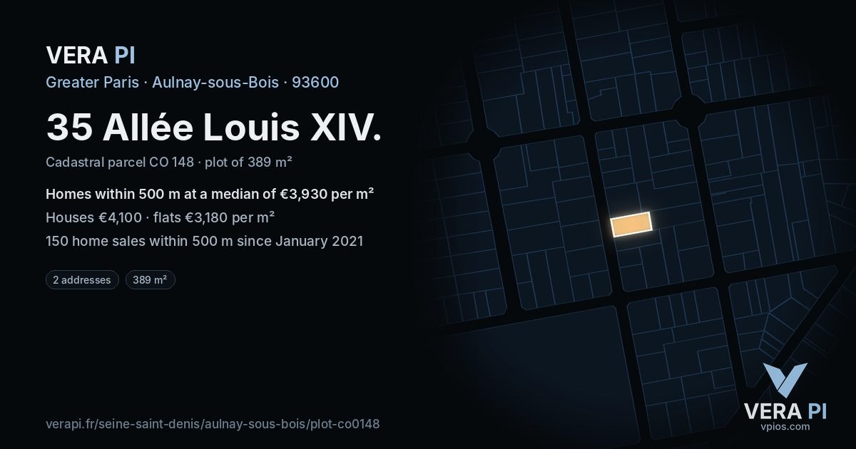 35 Allée Louis XIV, Aulnay-sous-Bois at night – the plot lit, the parcels around coloured by the prices near them
