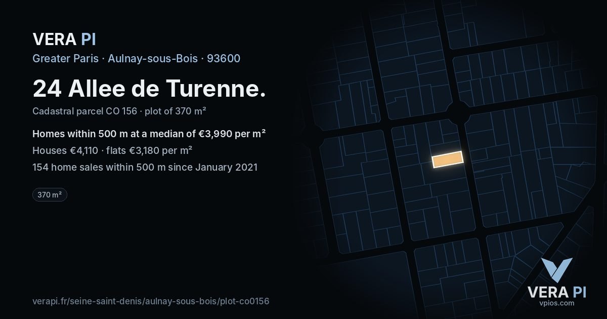 24 Allee de Turenne, Aulnay-sous-Bois at night – the plot lit, the parcels around coloured by the prices near them