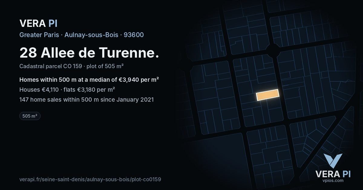 28 Allee de Turenne, Aulnay-sous-Bois at night – the plot lit, the parcels around coloured by the prices near them