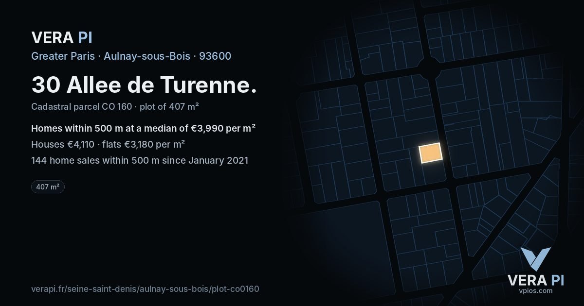 30 Allee de Turenne, Aulnay-sous-Bois at night – the plot lit, the parcels around coloured by the prices near them