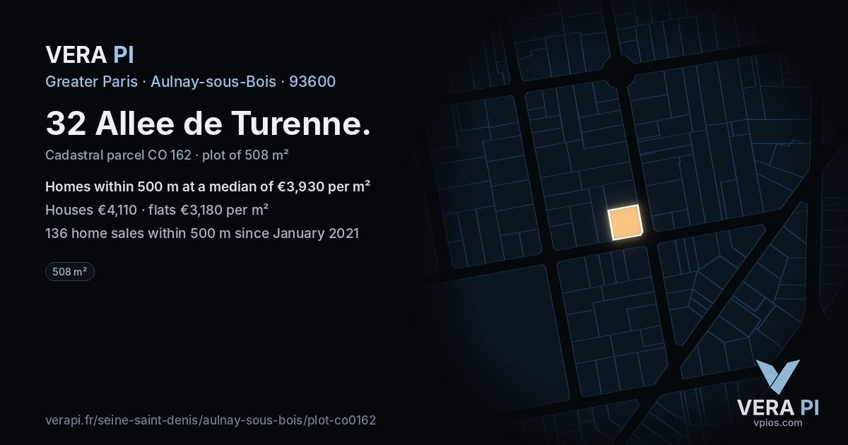 32 Allee de Turenne, Aulnay-sous-Bois at night – the plot lit, the parcels around coloured by the prices near them