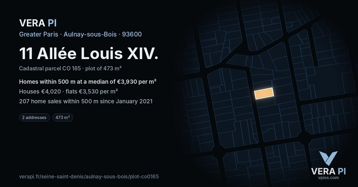 11 Allée Louis XIV, Aulnay-sous-Bois at night – the plot lit, the parcels around coloured by the prices near them