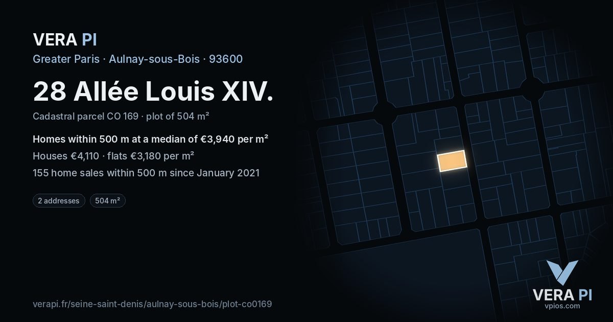 28 Allée Louis XIV, Aulnay-sous-Bois at night – the plot lit, the parcels around coloured by the prices near them