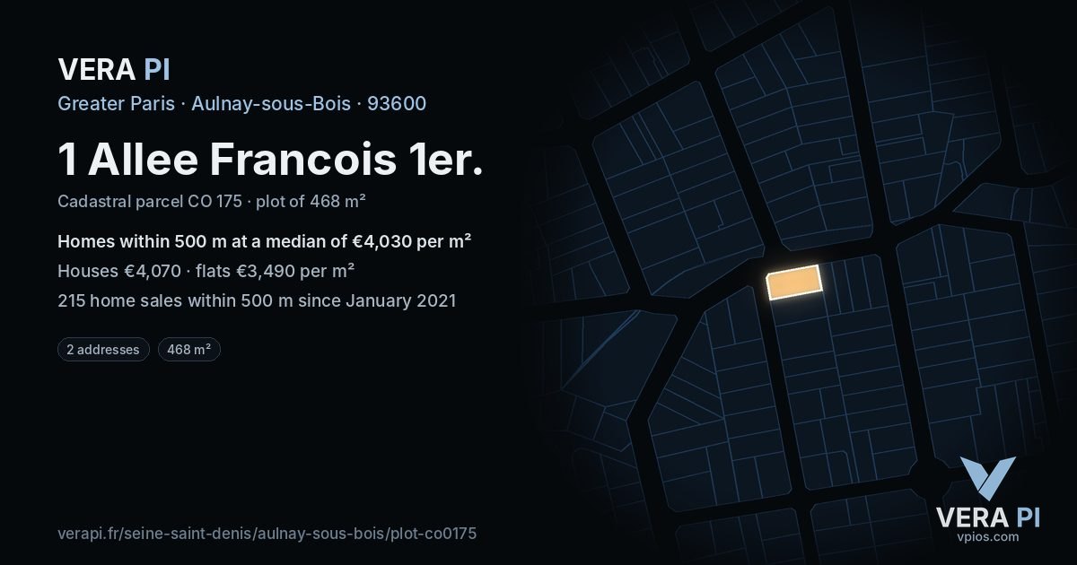 1 Allee Francois 1er, Aulnay-sous-Bois at night – the plot lit, the parcels around coloured by the prices near them