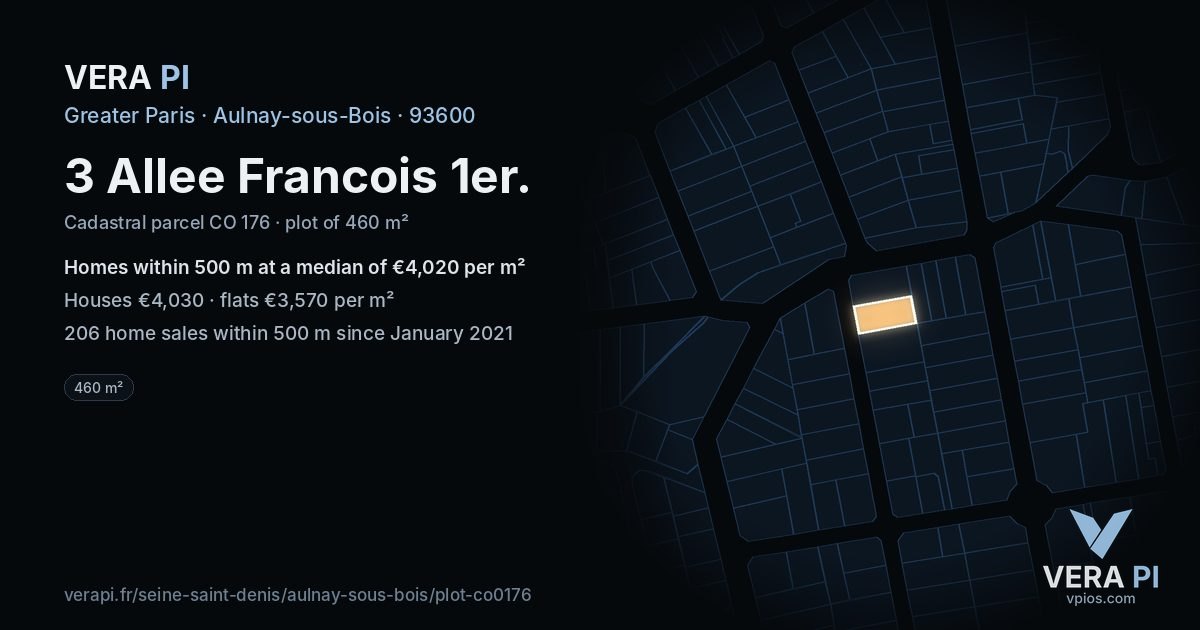 3 Allee Francois 1er, Aulnay-sous-Bois at night – the plot lit, the parcels around coloured by the prices near them