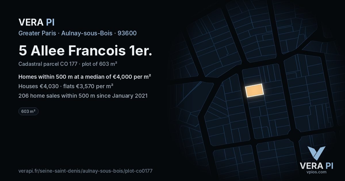 5 Allee Francois 1er, Aulnay-sous-Bois at night – the plot lit, the parcels around coloured by the prices near them