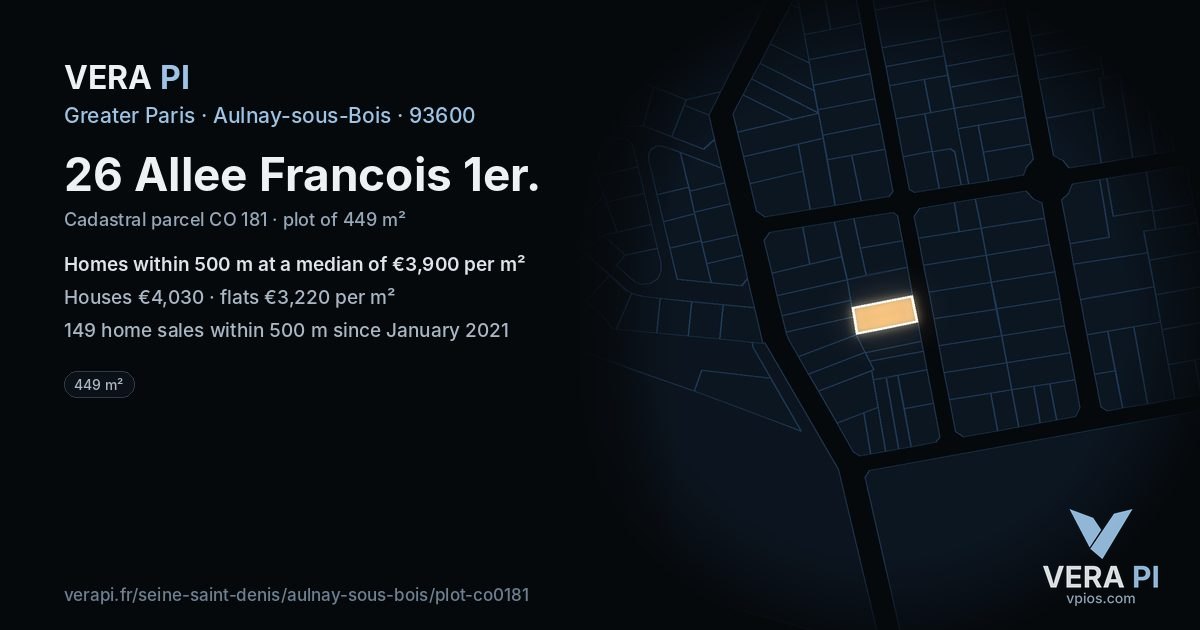 26 Allee Francois 1er, Aulnay-sous-Bois at night – the plot lit, the parcels around coloured by the prices near them