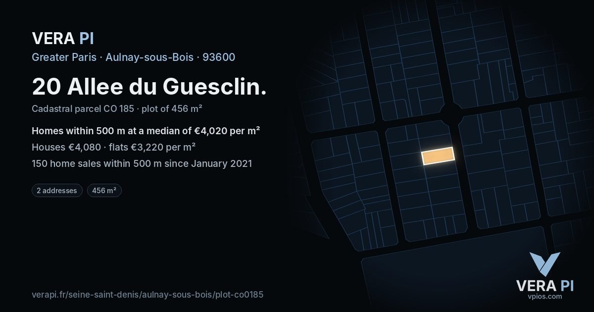 20 Allee du Guesclin, Aulnay-sous-Bois at night – the plot lit, the parcels around coloured by the prices near them