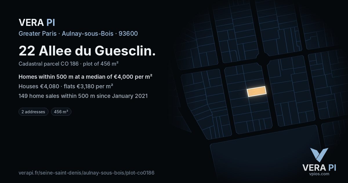 22 Allee du Guesclin, Aulnay-sous-Bois at night – the plot lit, the parcels around coloured by the prices near them