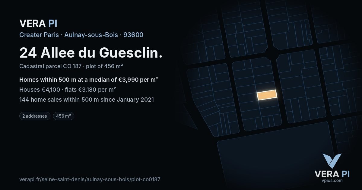 24 Allee du Guesclin, Aulnay-sous-Bois at night – the plot lit, the parcels around coloured by the prices near them