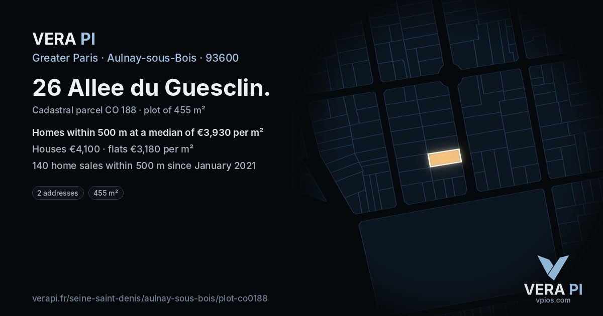 26 Allee du Guesclin, Aulnay-sous-Bois at night – the plot lit, the parcels around coloured by the prices near them