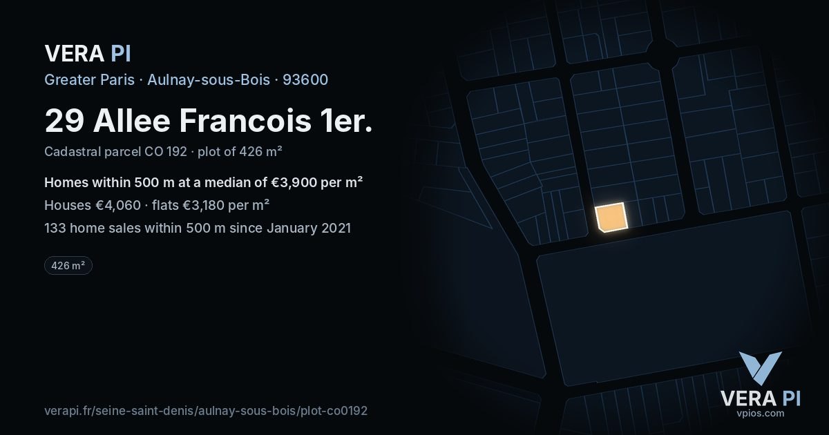 29 Allee Francois 1er, Aulnay-sous-Bois at night – the plot lit, the parcels around coloured by the prices near them
