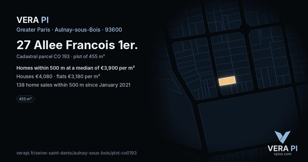 27 Allee Francois 1er, Aulnay-sous-Bois at night – the plot lit, the parcels around coloured by the prices near them