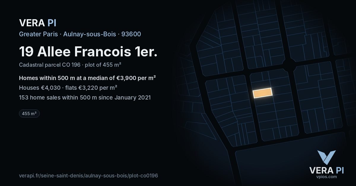 19 Allee Francois 1er, Aulnay-sous-Bois at night – the plot lit, the parcels around coloured by the prices near them
