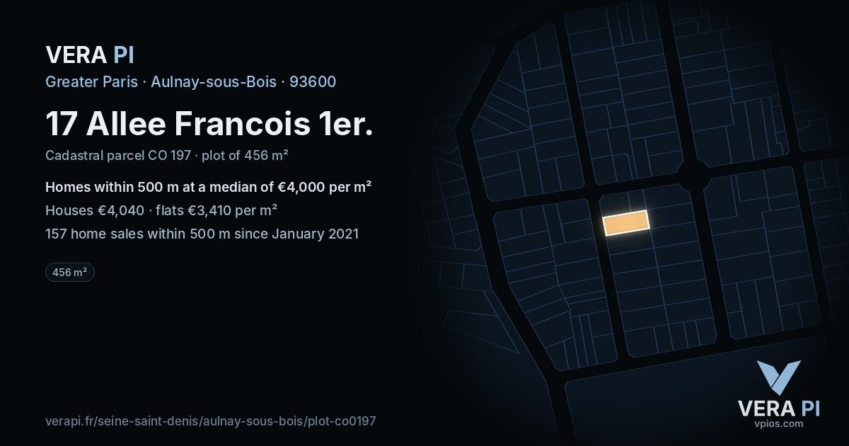 17 Allee Francois 1er, Aulnay-sous-Bois at night – the plot lit, the parcels around coloured by the prices near them