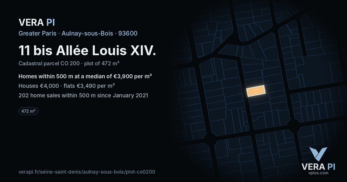 11 bis Allée Louis XIV, Aulnay-sous-Bois at night – the plot lit, the parcels around coloured by the prices near them