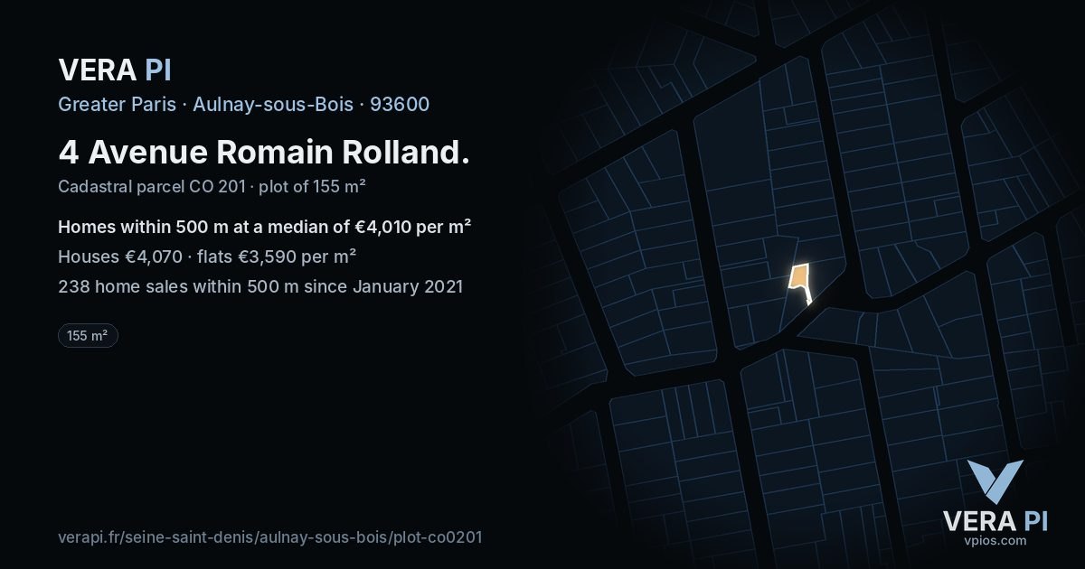 4 Avenue Romain Rolland, Aulnay-sous-Bois at night – the plot lit, the parcels around coloured by the prices near them