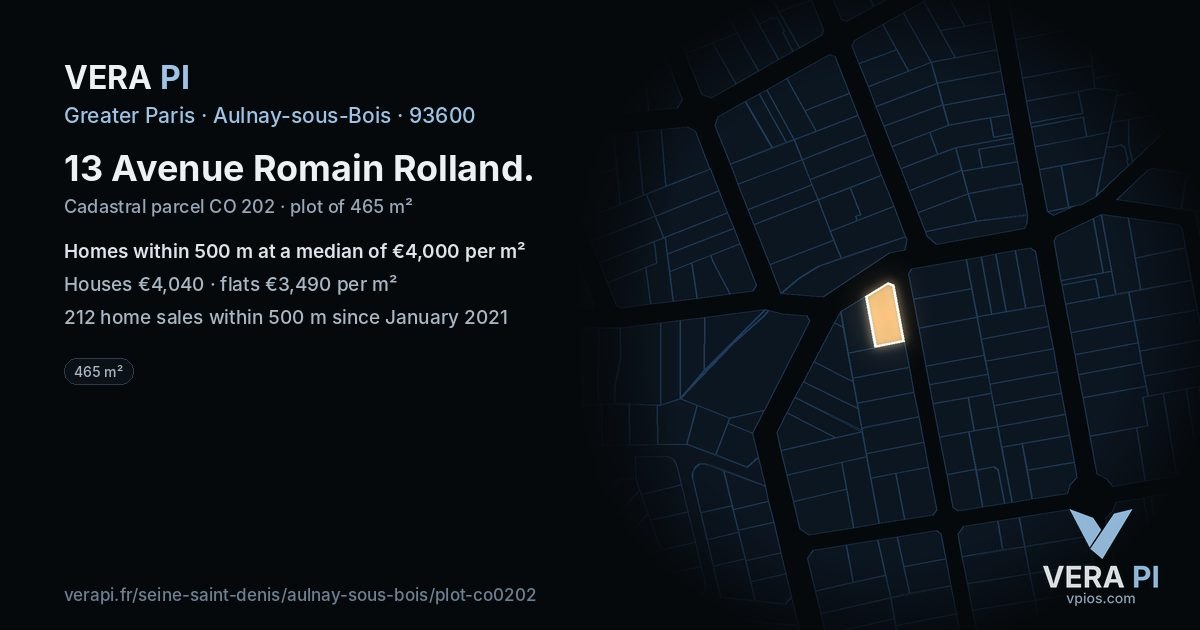 13 Avenue Romain Rolland, Aulnay-sous-Bois at night – the plot lit, the parcels around coloured by the prices near them