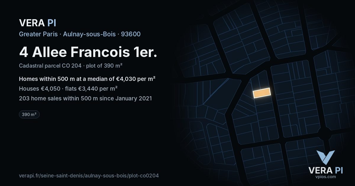 4 Allee Francois 1er, Aulnay-sous-Bois at night – the plot lit, the parcels around coloured by the prices near them
