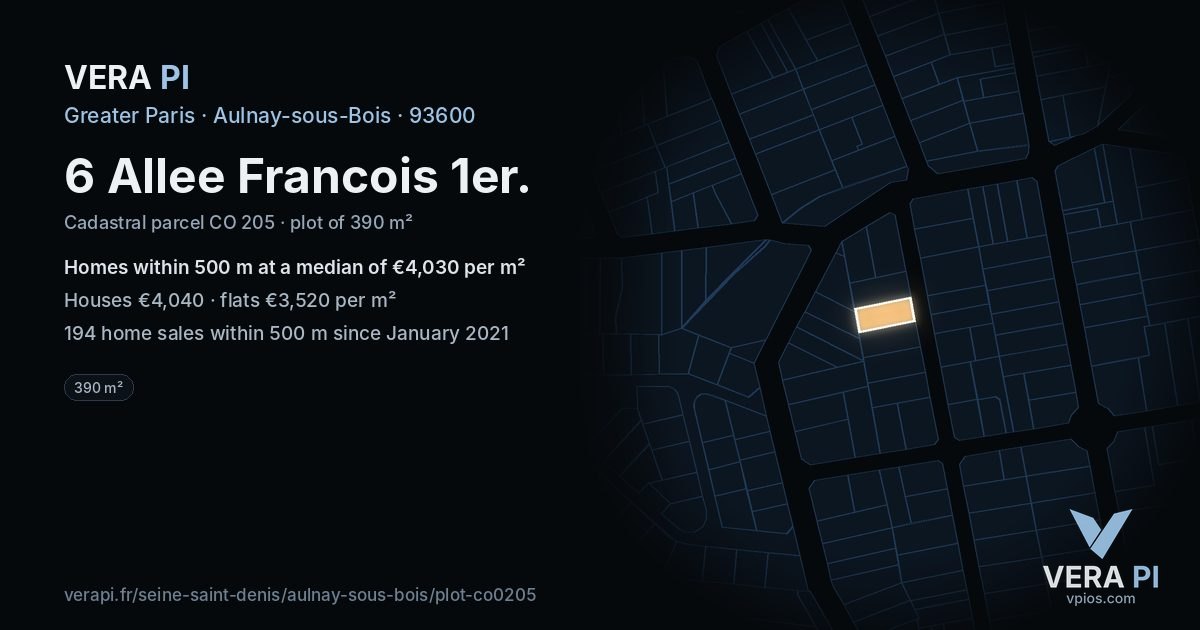 6 Allee Francois 1er, Aulnay-sous-Bois at night – the plot lit, the parcels around coloured by the prices near them