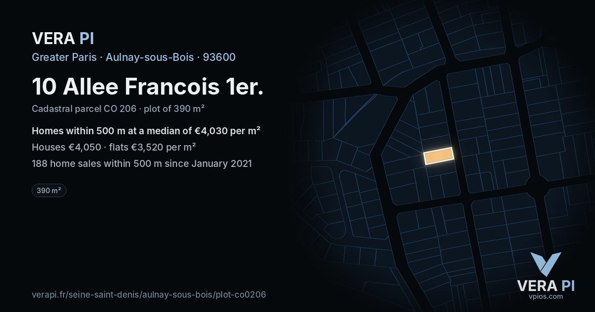 10 Allee Francois 1er, Aulnay-sous-Bois at night – the plot lit, the parcels around coloured by the prices near them
