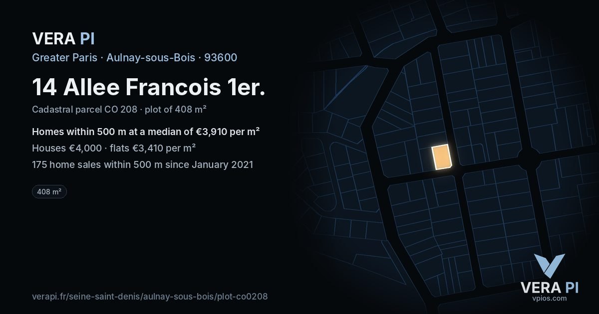 14 Allee Francois 1er, Aulnay-sous-Bois at night – the plot lit, the parcels around coloured by the prices near them