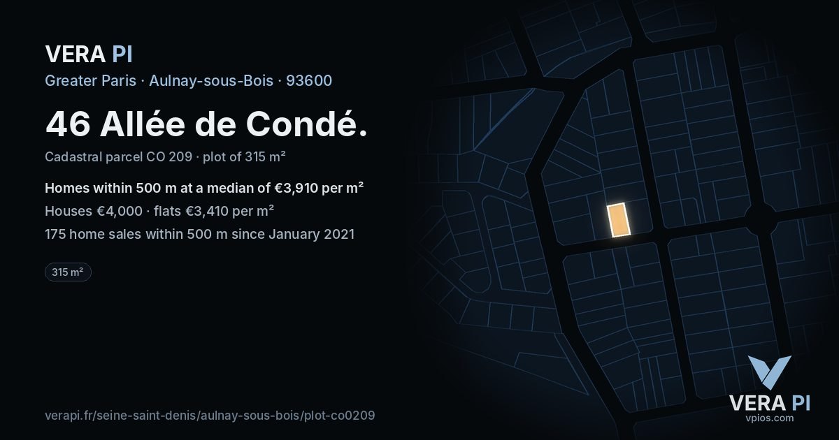 46 Allée de Condé, Aulnay-sous-Bois at night – the plot lit, the parcels around coloured by the prices near them