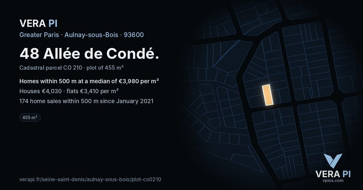48 Allée de Condé, Aulnay-sous-Bois at night – the plot lit, the parcels around coloured by the prices near them