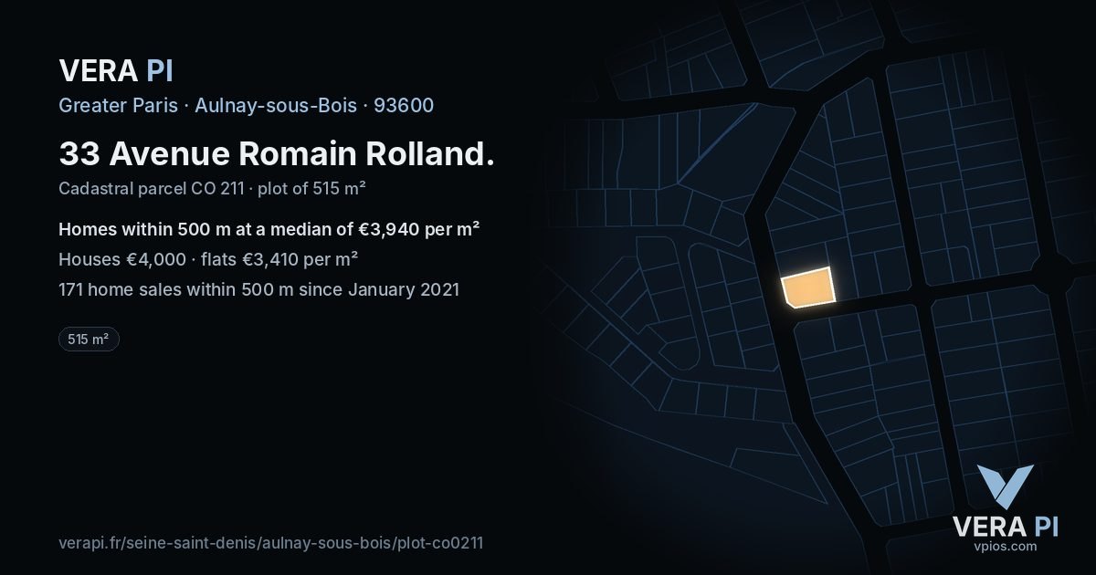 33 Avenue Romain Rolland, Aulnay-sous-Bois at night – the plot lit, the parcels around coloured by the prices near them