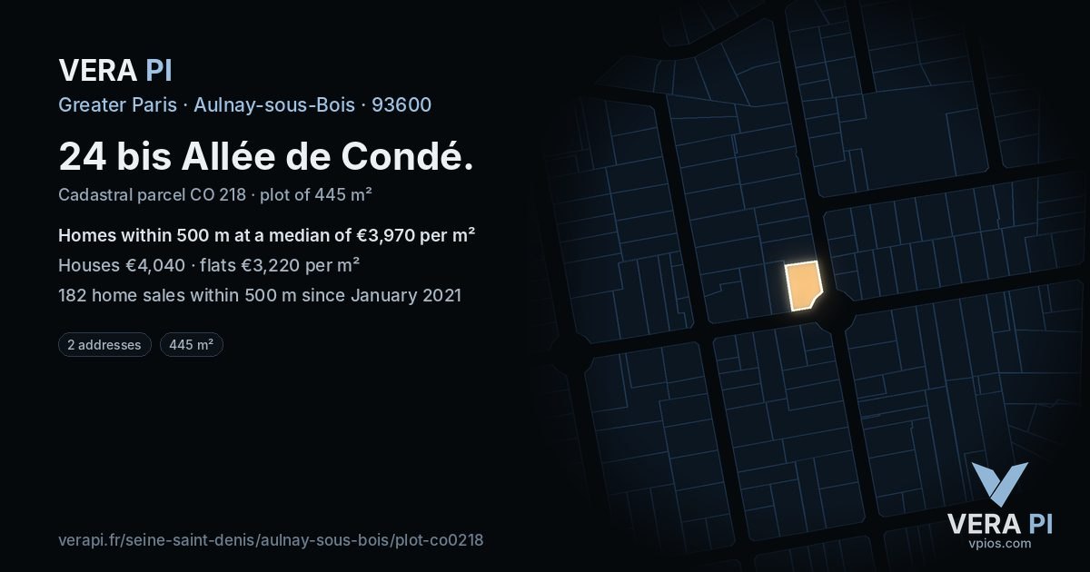24 bis Allée de Condé, Aulnay-sous-Bois at night – the plot lit, the parcels around coloured by the prices near them