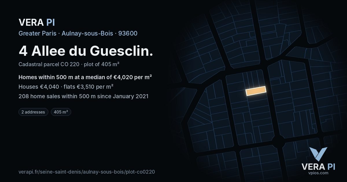 4 Allee du Guesclin, Aulnay-sous-Bois at night – the plot lit, the parcels around coloured by the prices near them