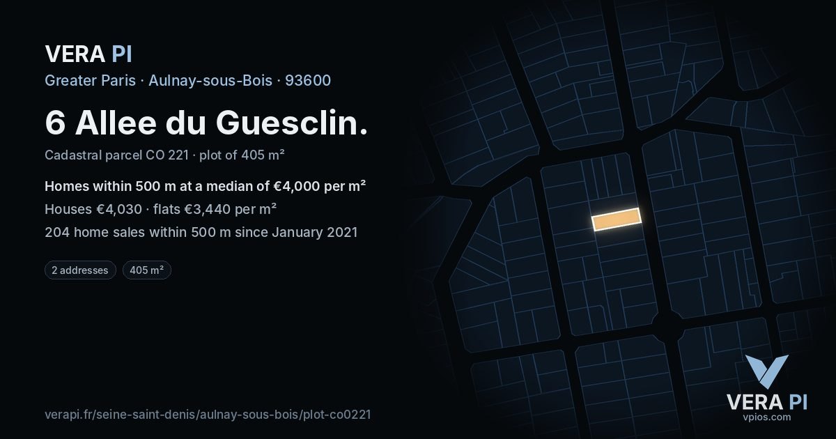 6 Allee du Guesclin, Aulnay-sous-Bois at night – the plot lit, the parcels around coloured by the prices near them