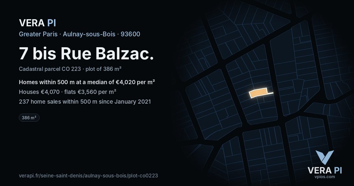 7 bis Rue Balzac, Aulnay-sous-Bois at night – the plot lit, the parcels around coloured by the prices near them