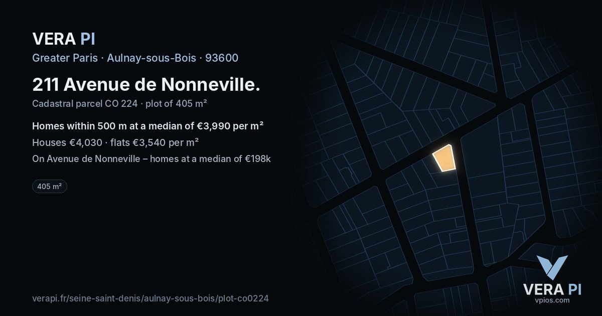 211 Avenue de Nonneville, Aulnay-sous-Bois at night – the plot lit, the parcels around coloured by the prices near them