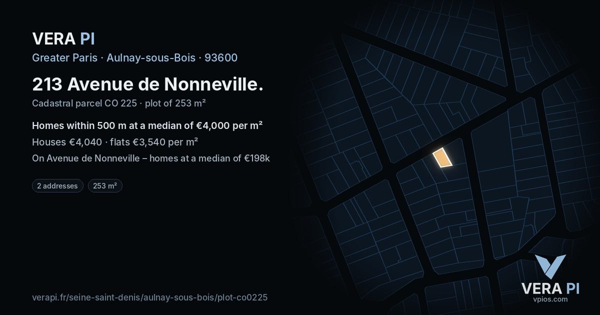213 Avenue de Nonneville, Aulnay-sous-Bois at night – the plot lit, the parcels around coloured by the prices near them