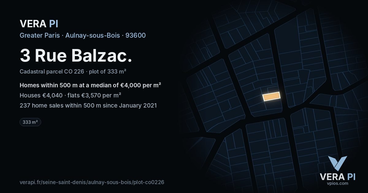 3 Rue Balzac, Aulnay-sous-Bois at night – the plot lit, the parcels around coloured by the prices near them