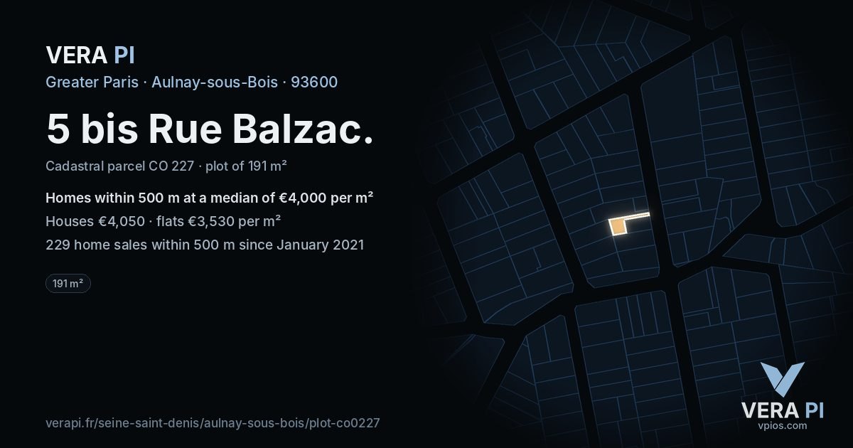 5 bis Rue Balzac, Aulnay-sous-Bois at night – the plot lit, the parcels around coloured by the prices near them