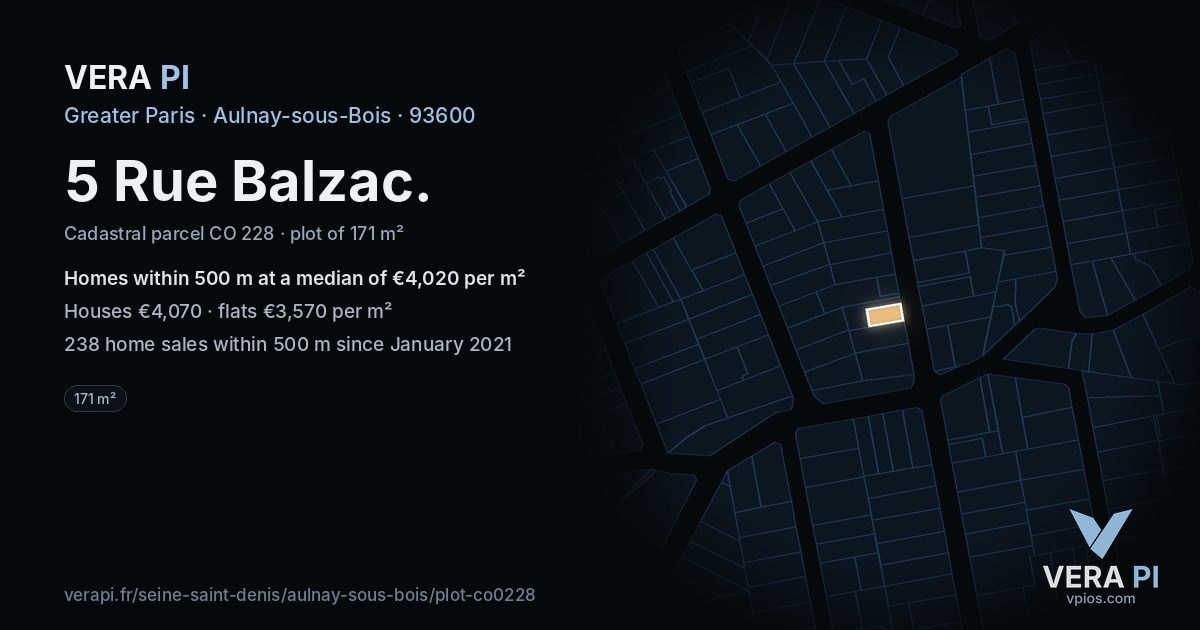 5 Rue Balzac, Aulnay-sous-Bois at night – the plot lit, the parcels around coloured by the prices near them