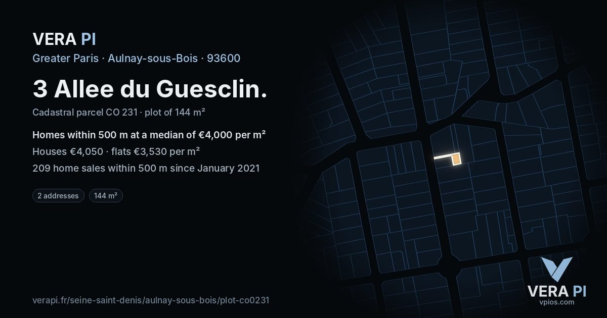 3 Allee du Guesclin, Aulnay-sous-Bois at night – the plot lit, the parcels around coloured by the prices near them