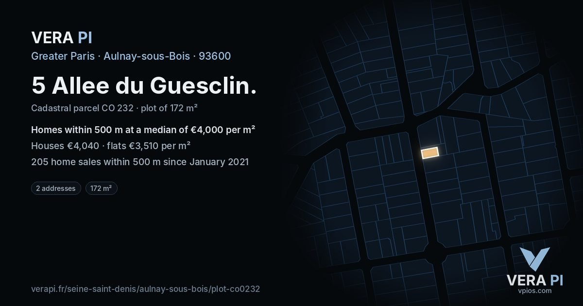 5 Allee du Guesclin, Aulnay-sous-Bois at night – the plot lit, the parcels around coloured by the prices near them
