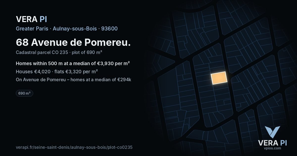 68 Avenue de Pomereu, Aulnay-sous-Bois at night – the plot lit, the parcels around coloured by the prices near them