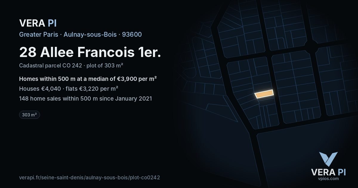 28 Allee Francois 1er, Aulnay-sous-Bois at night – the plot lit, the parcels around coloured by the prices near them