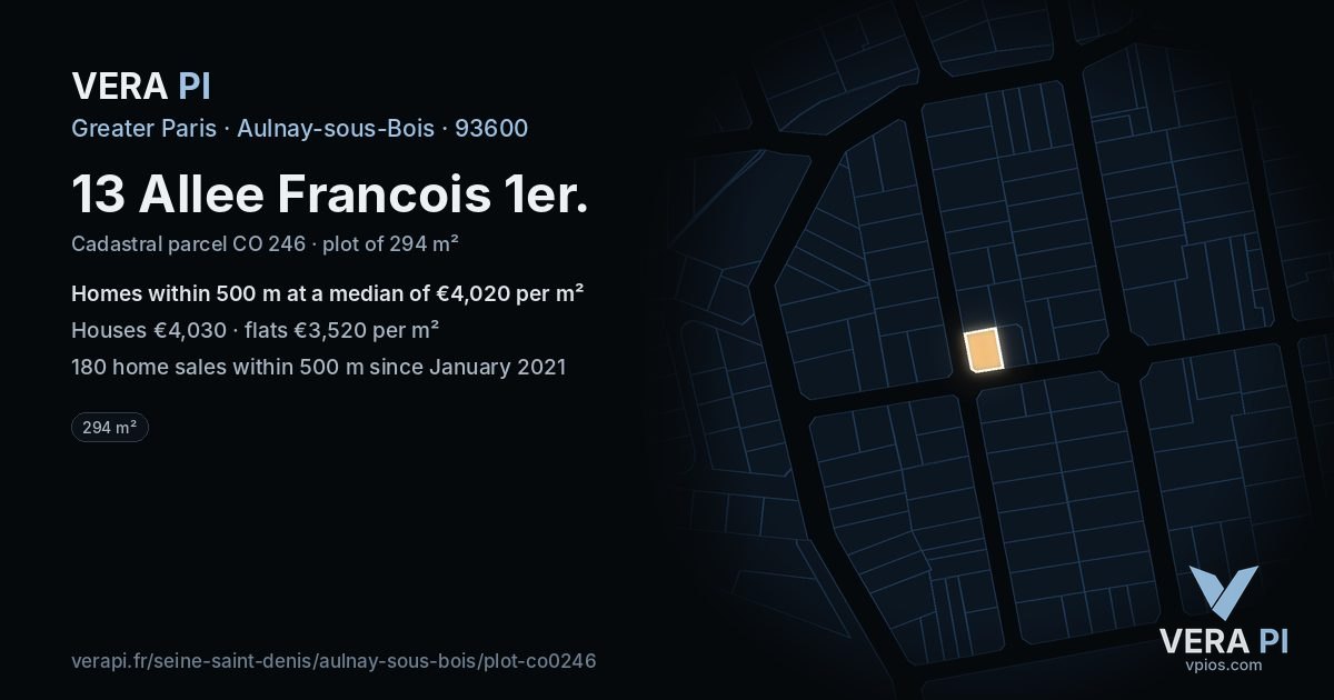13 Allee Francois 1er, Aulnay-sous-Bois at night – the plot lit, the parcels around coloured by the prices near them