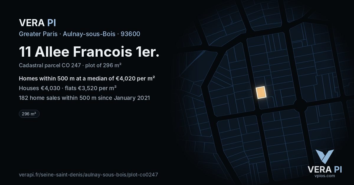 11 Allee Francois 1er, Aulnay-sous-Bois at night – the plot lit, the parcels around coloured by the prices near them