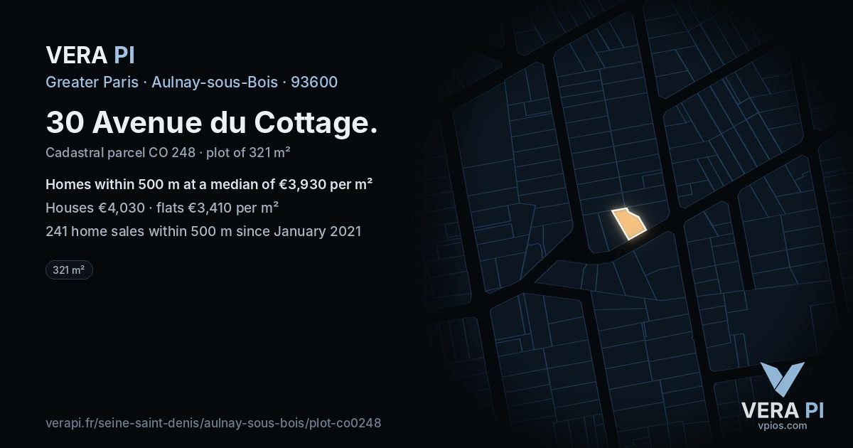 30 Avenue du Cottage, Aulnay-sous-Bois at night – the plot lit, the parcels around coloured by the prices near them
