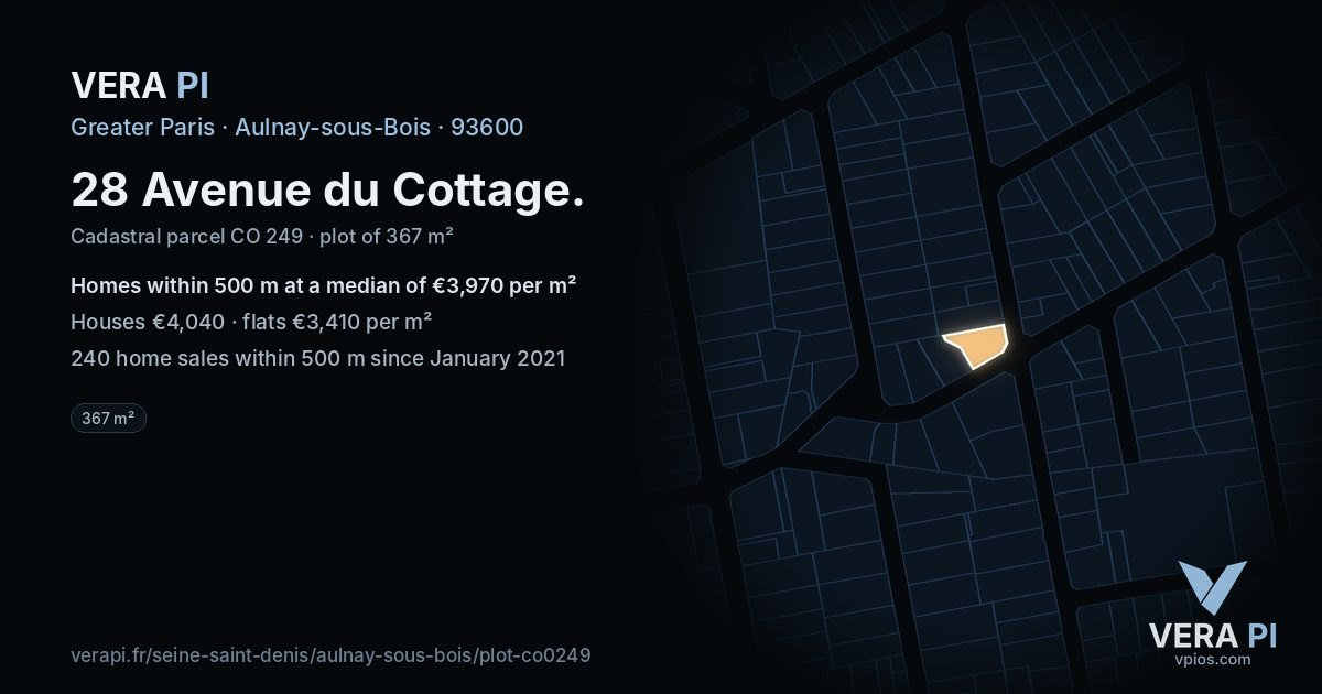 28 Avenue du Cottage, Aulnay-sous-Bois at night – the plot lit, the parcels around coloured by the prices near them