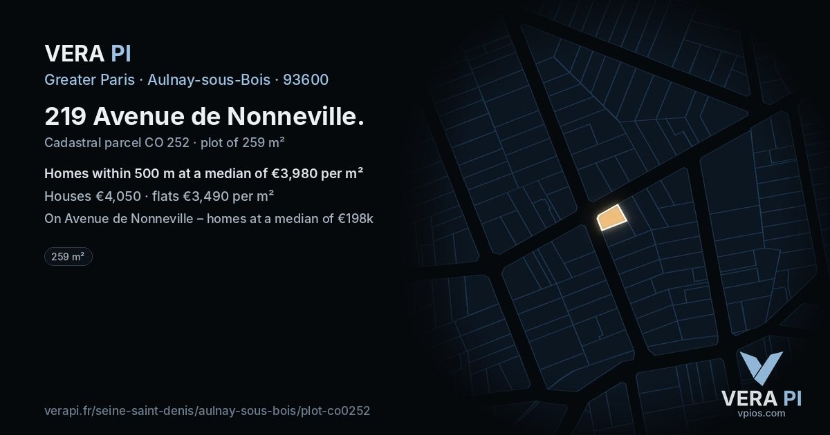 219 Avenue de Nonneville, Aulnay-sous-Bois at night – the plot lit, the parcels around coloured by the prices near them