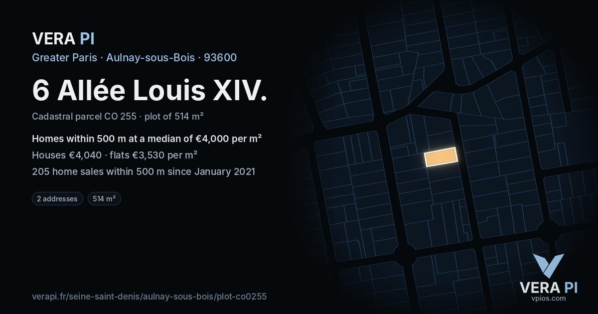6 Allée Louis XIV, Aulnay-sous-Bois at night – the plot lit, the parcels around coloured by the prices near them