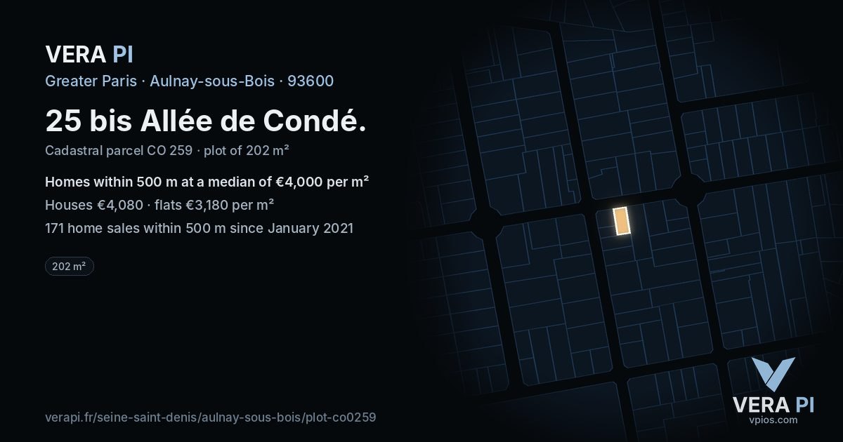 25 bis Allée de Condé, Aulnay-sous-Bois at night – the plot lit, the parcels around coloured by the prices near them