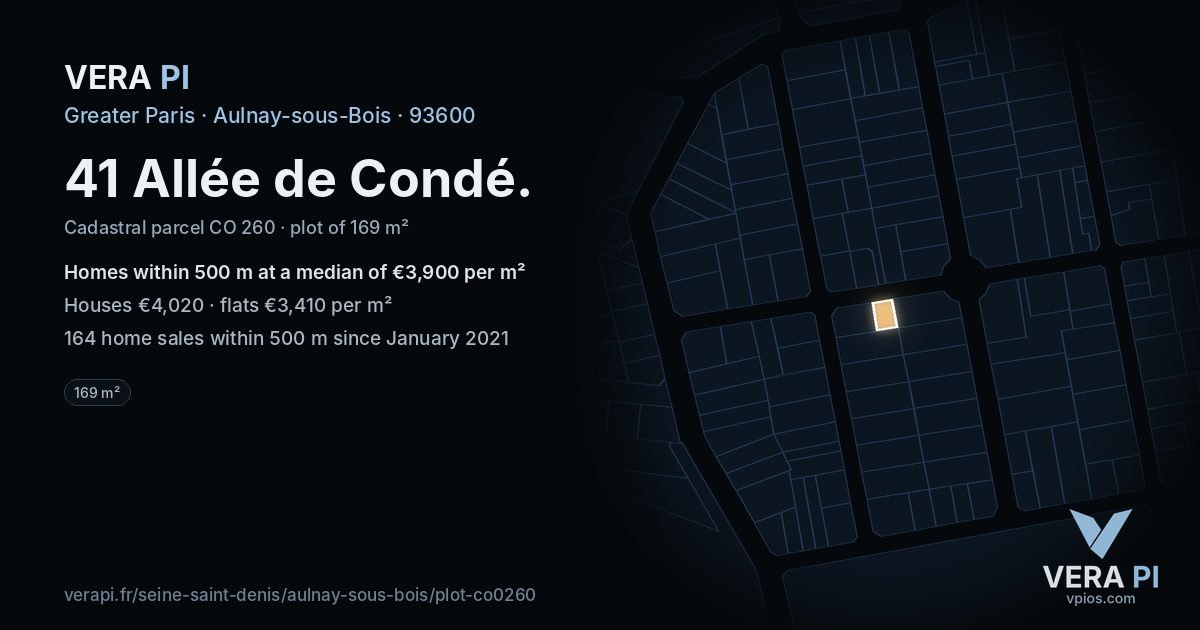 41 Allée de Condé, Aulnay-sous-Bois at night – the plot lit, the parcels around coloured by the prices near them